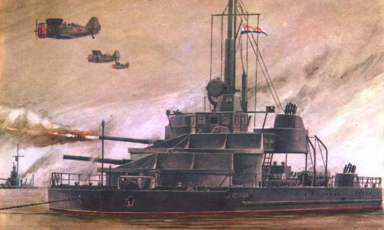Бронемониторы Дунайской пограничной флотилии, огнём поддерживают высадку десанта